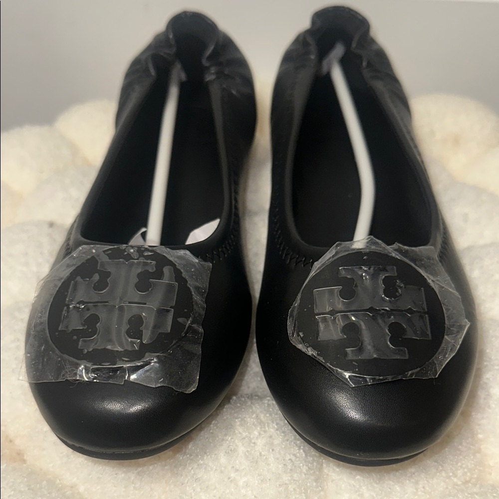 Tory Burch Black Logo Round-Toe Ballet Flats